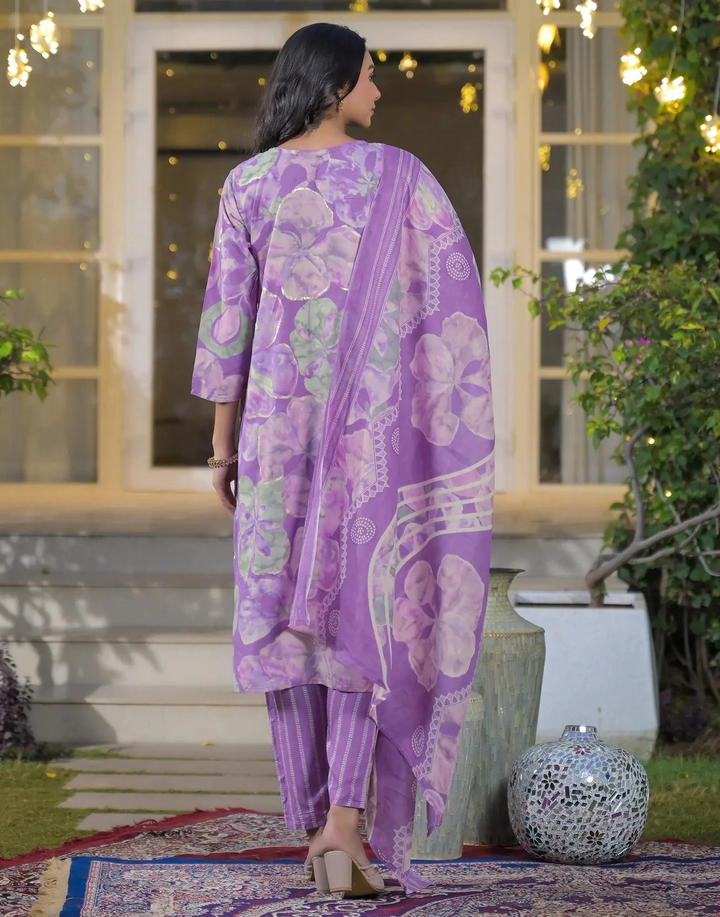 Rayon Printed V-Neck Straight Kurta with Pant & Dupatta