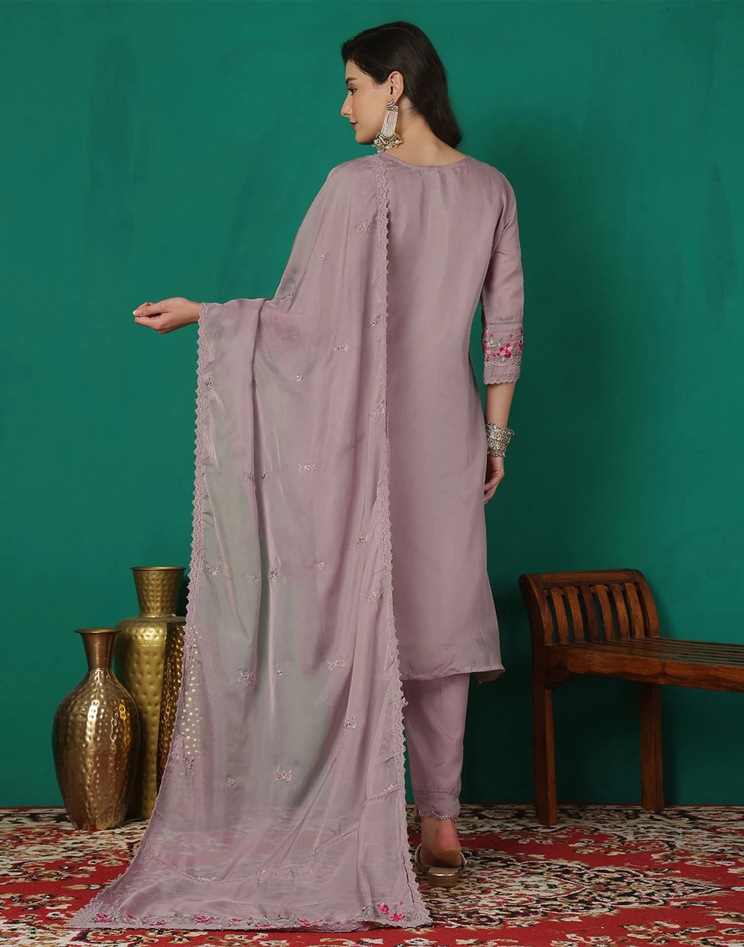 Purple Silk Blend Embroidered Straight Kurta Set for Women with Pant and Dupatta