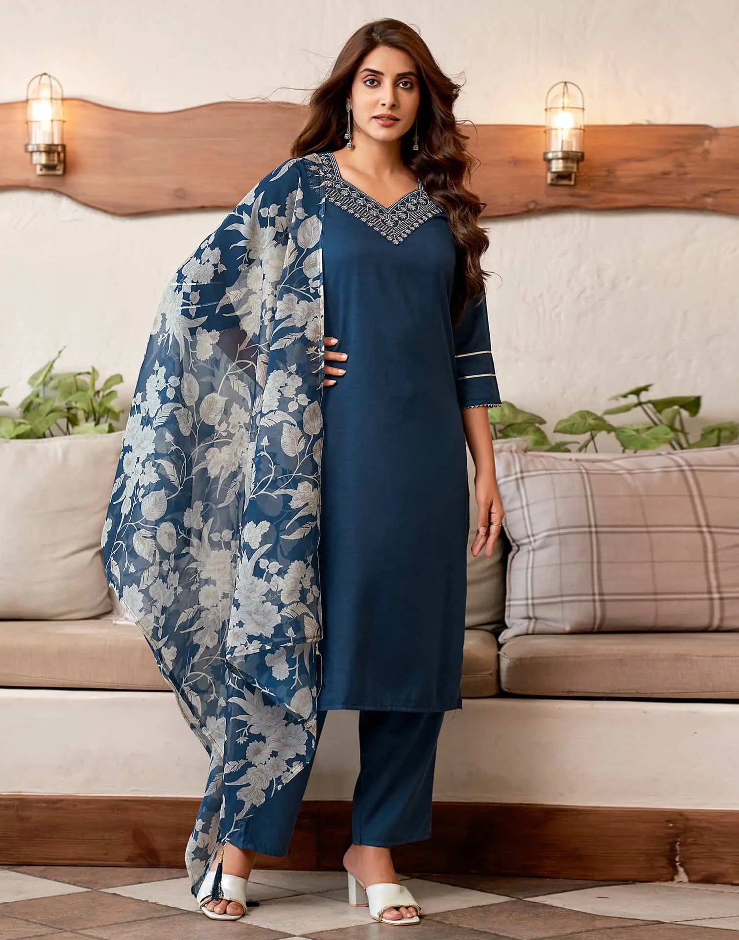 Skylee Cotton Blend Embroidered Straight 3 Piece Kurta Set For Woman