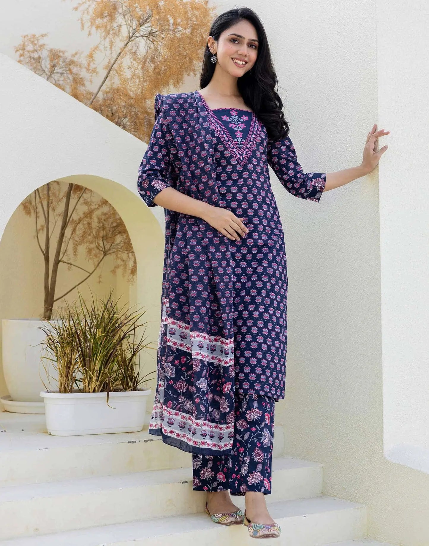 Cotton Embroidery and Sequins Work, Printed, Fabric Lace Straight Kurta with Pant & Dupatta