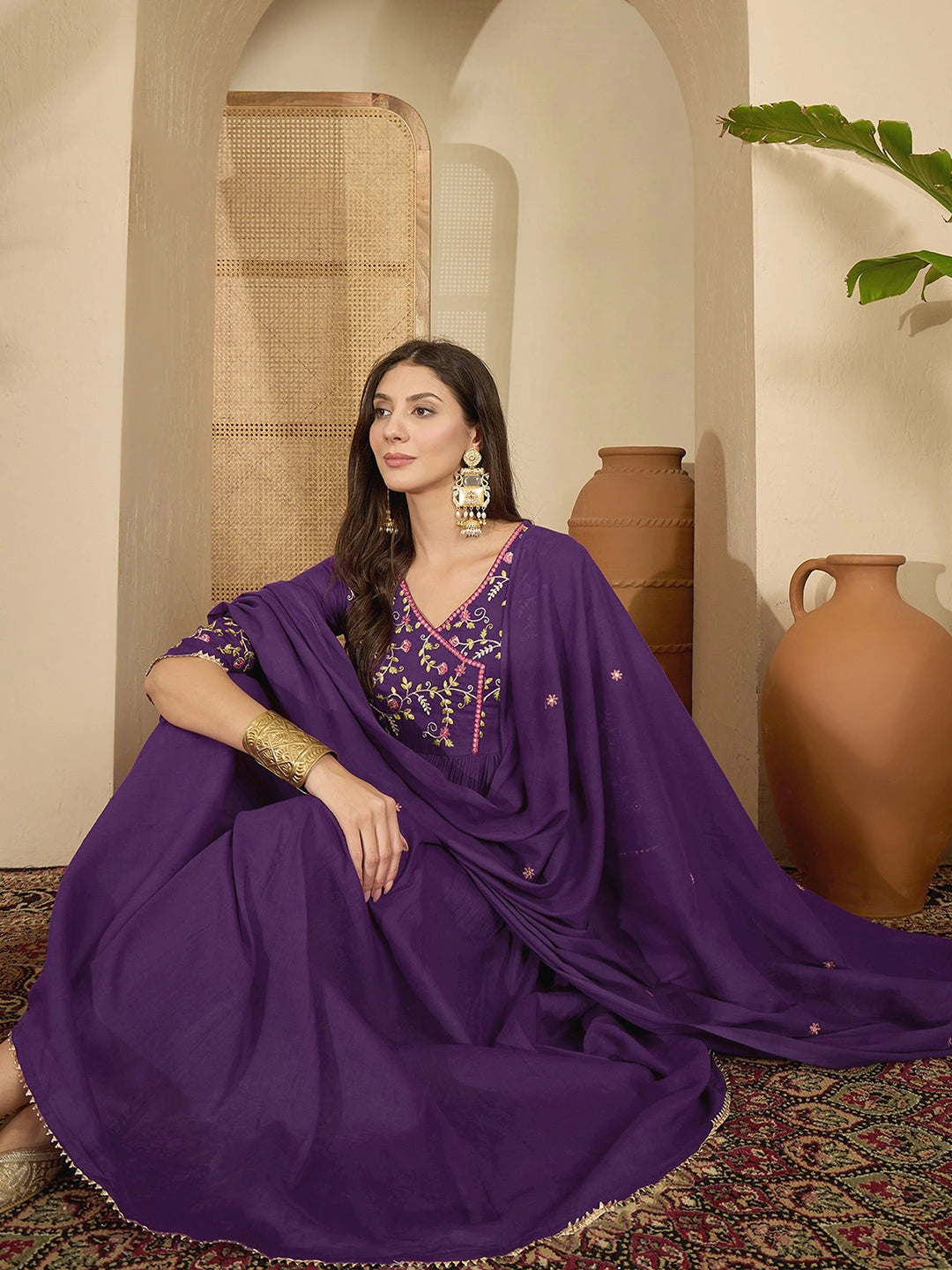 Cotton Embroidered Anarkali Kurta with Pant & Dupatta