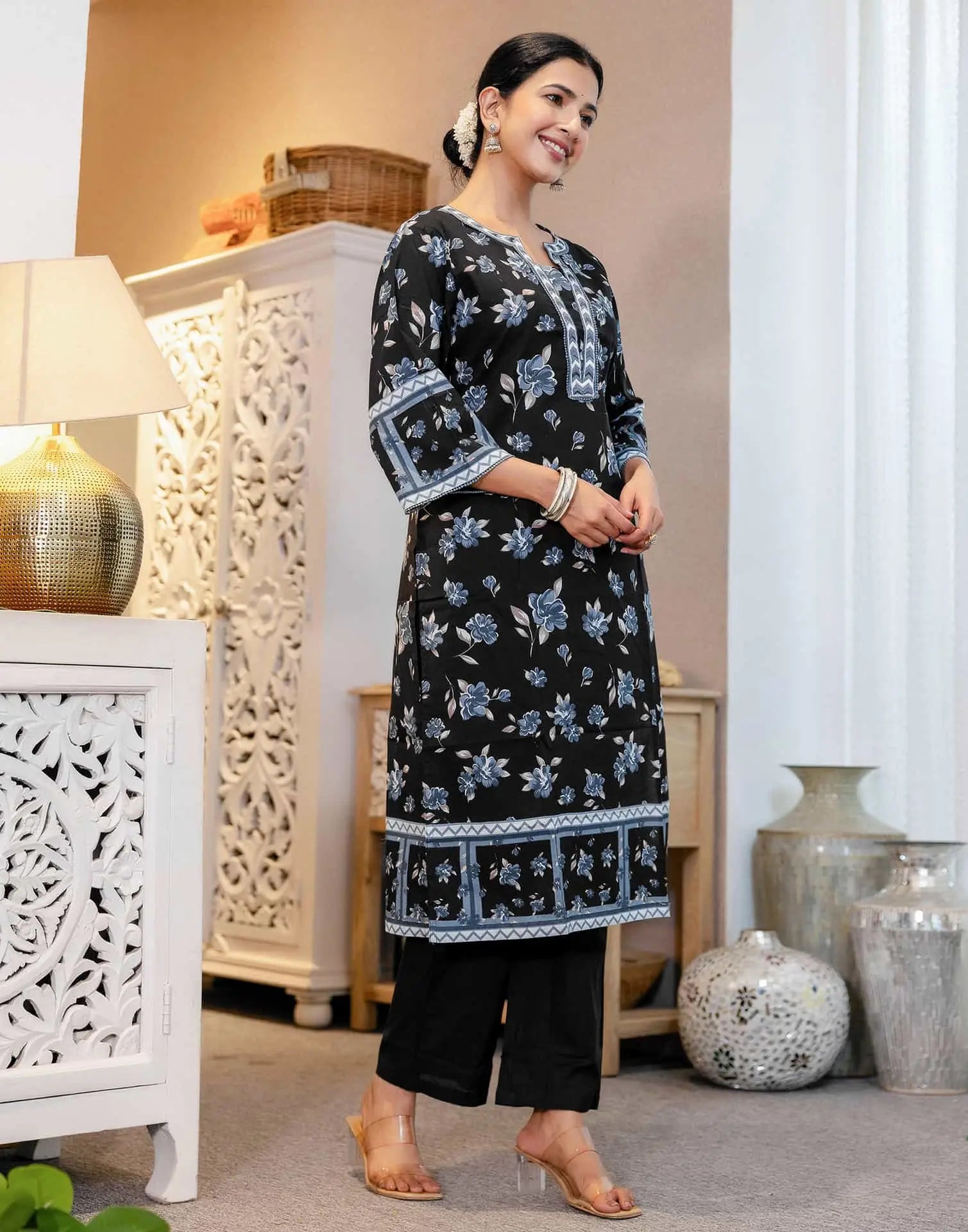 Affordable Blue Cotton Printed Straight Kurta Set with Pant & Dupatta under 799