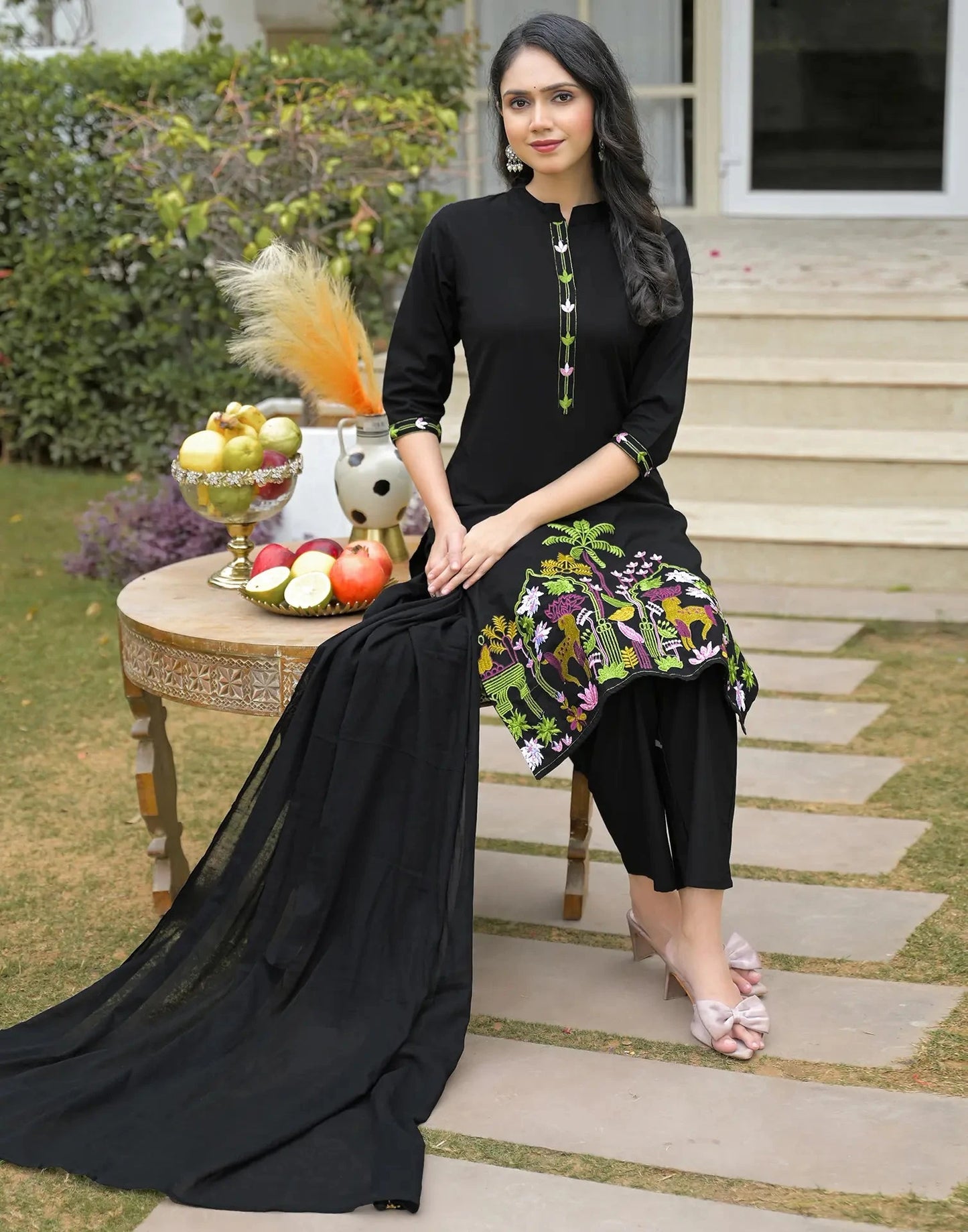 Cotton Embroidered Mandarin Collar Straight Kurta with Pant & Dupatta