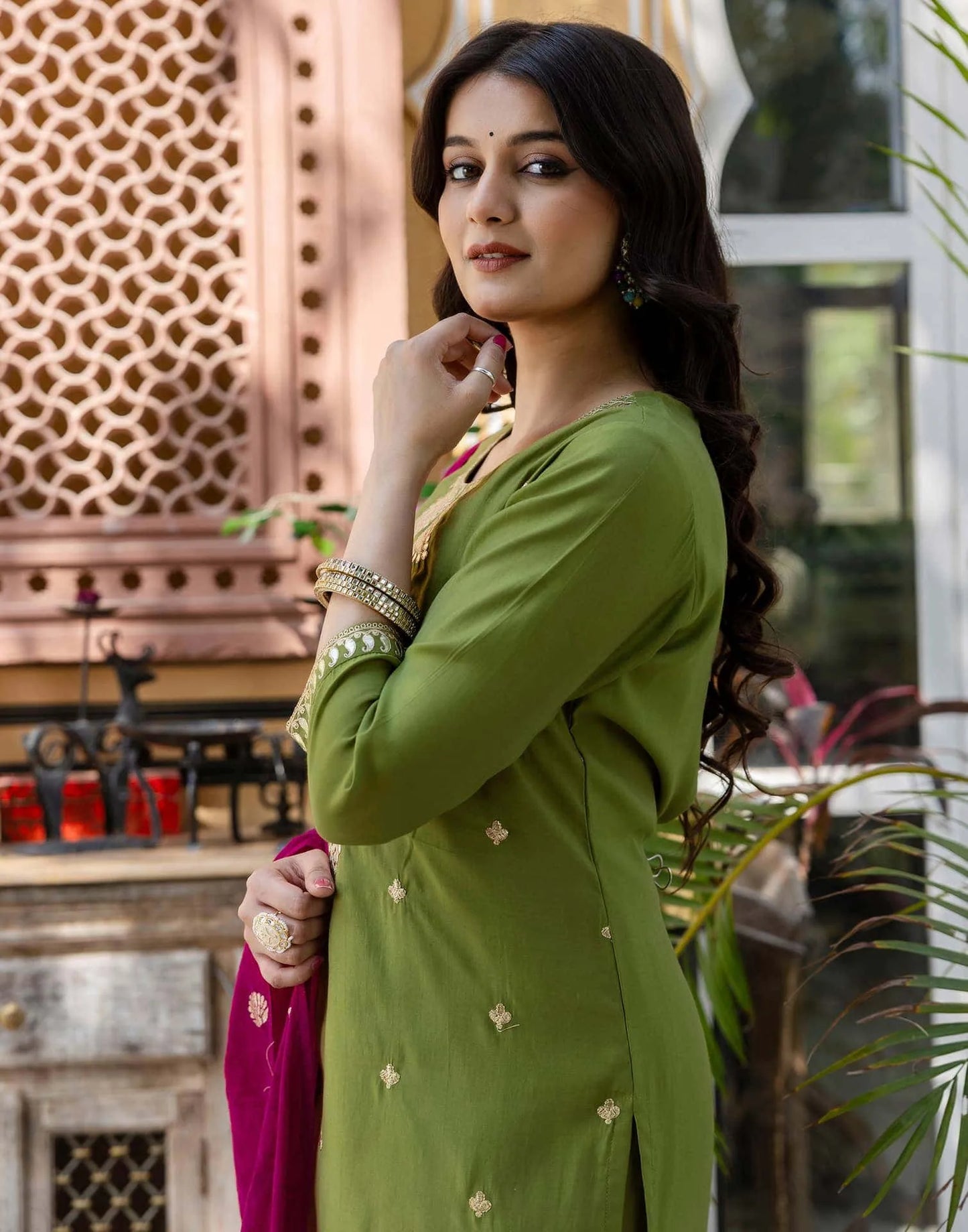 Budget friendly olive green silk embroidered kurta set