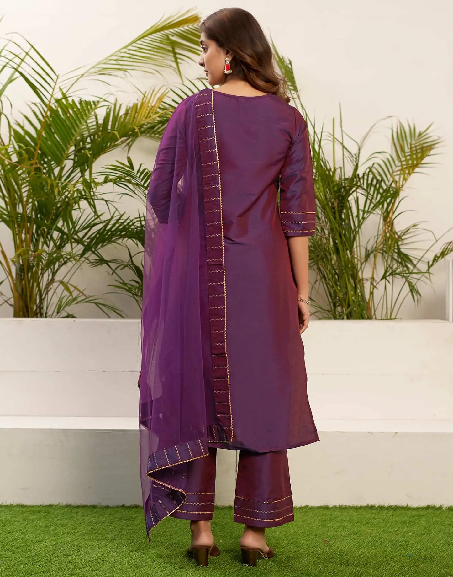 Silk Blend Foil Print and Lace Straight Kurta with Pant & Dupatta