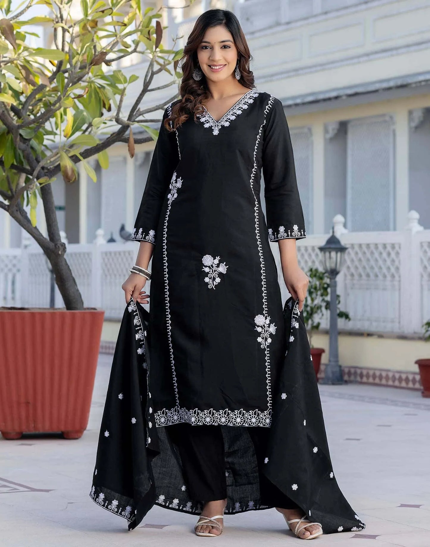 Silk Embroidery Straight Kurta with Pant & Dupatta