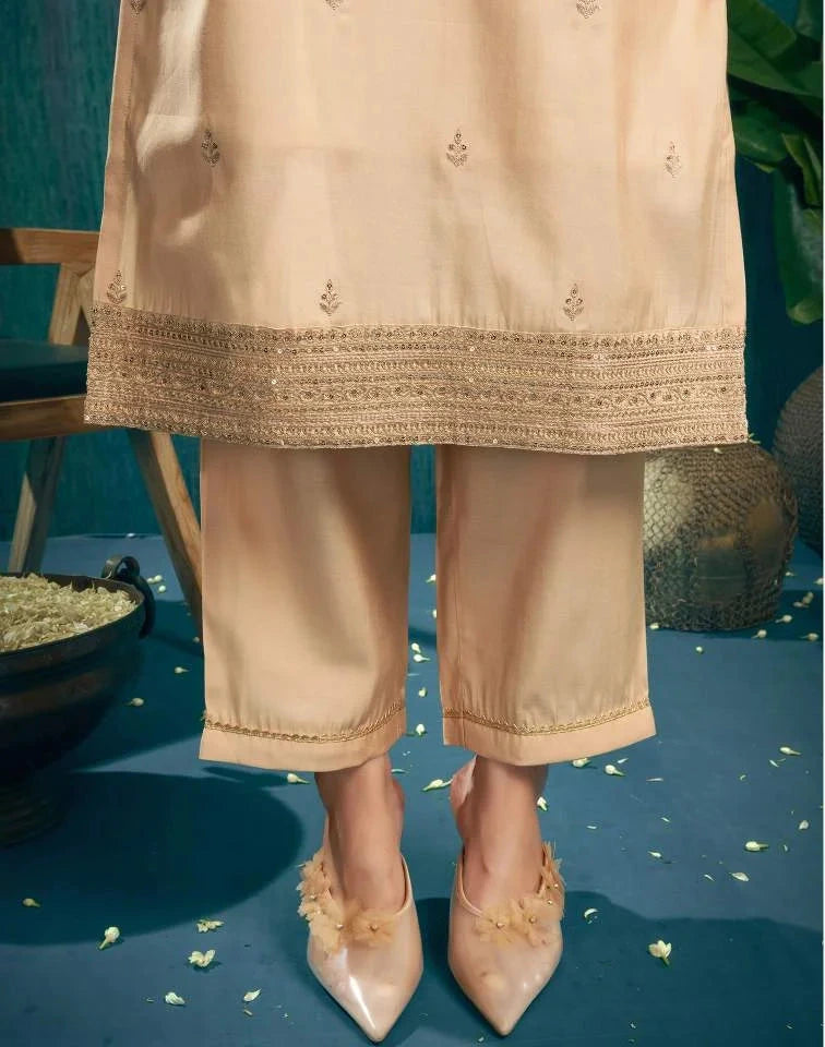Skylee Beige silk sequence embroidered round neck kurta set with pant and dupatta