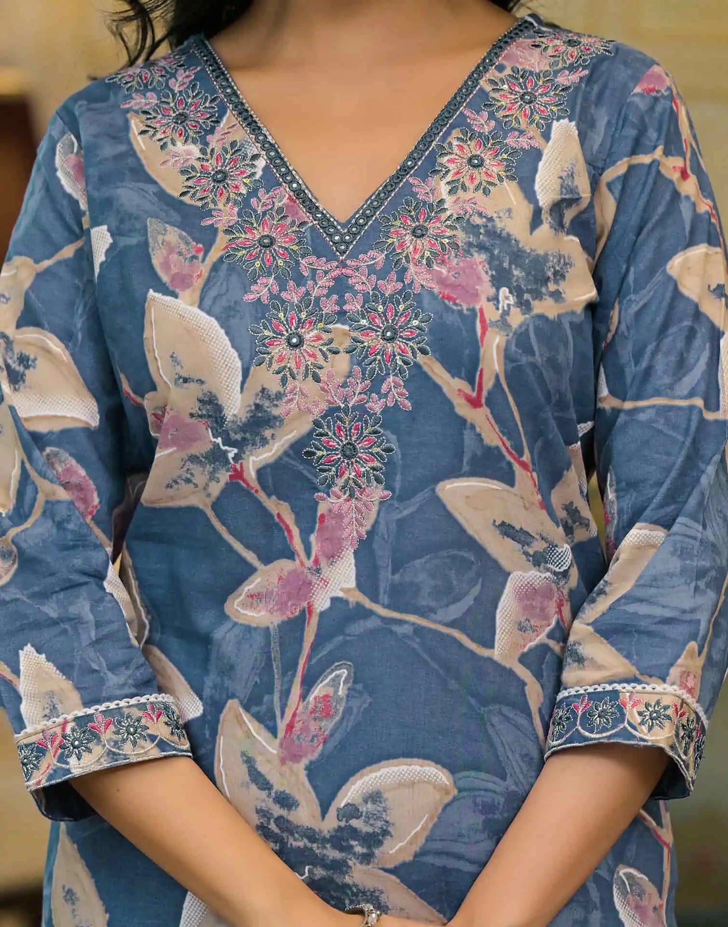 Cotton Straight Printed V-Neck Kurta with Pant & Dupatta