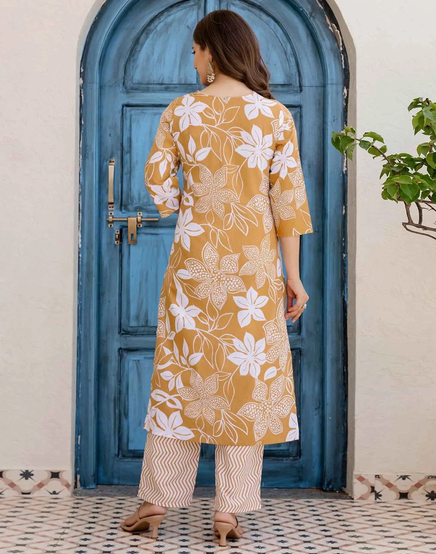 Cotton Straight Printed V-Neck Kurta with Pant & Dupatta