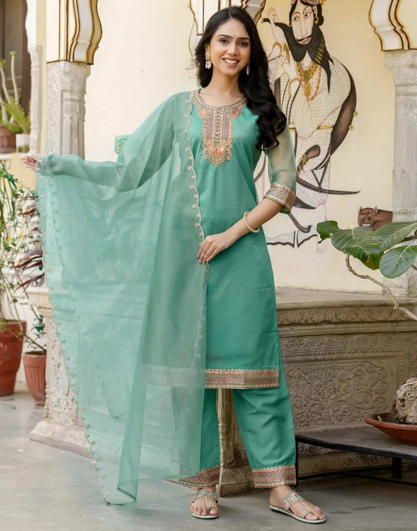 Skylee Light Green Organza Embroidered Straight Kurta Set for Women