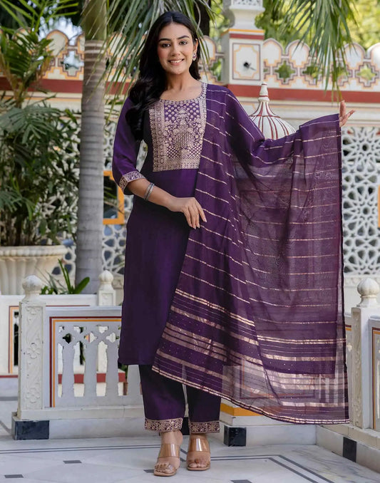 Silk Blend Weaving and Lace Straight Kurta with Pant & Dupatta