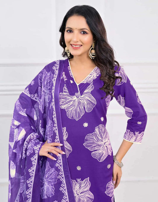 Cotton Straight Printed V-Neck Kurta with Pant & Dupatta
