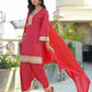 Red Silk Printed Straight Kurta Set with Pant & Dupatta V-Neck Ethnic Kurti for Festive Wear