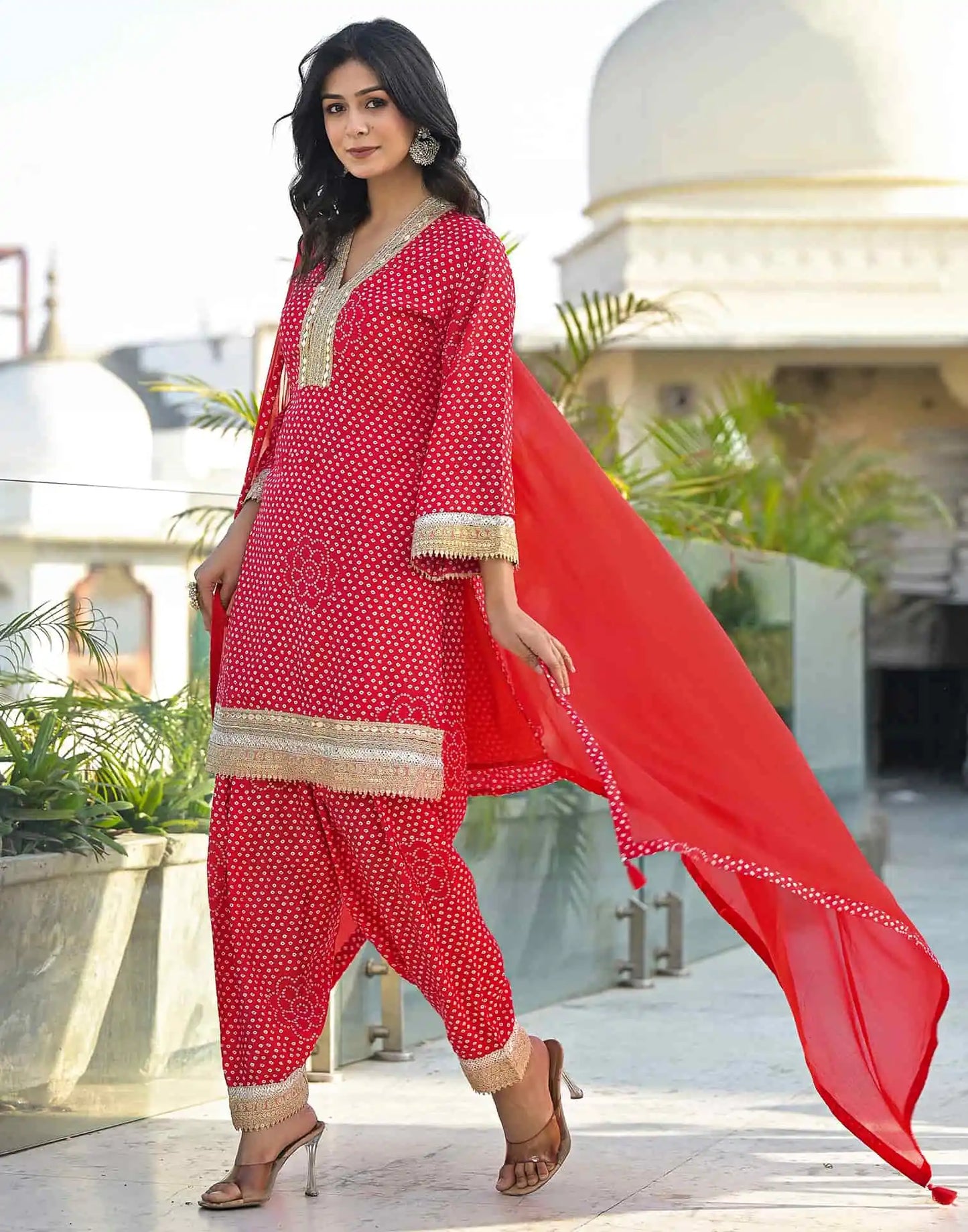 Red Silk Printed Straight Kurta Set with Pant & Dupatta V-Neck Ethnic Kurti for Festive Wear