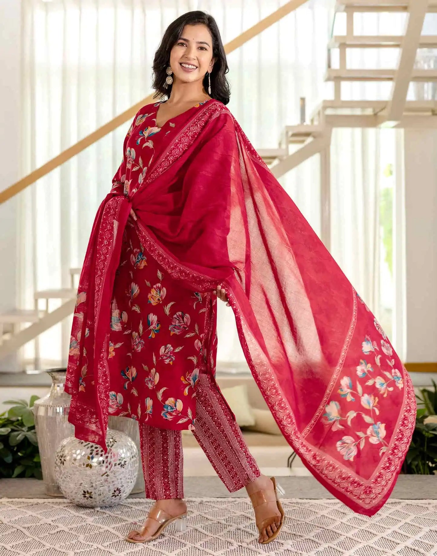 Red Cotton Printed Straight Kurta Set with Pant & Dupatta for Wome Casual & Daily Wear Floral Design Under 799