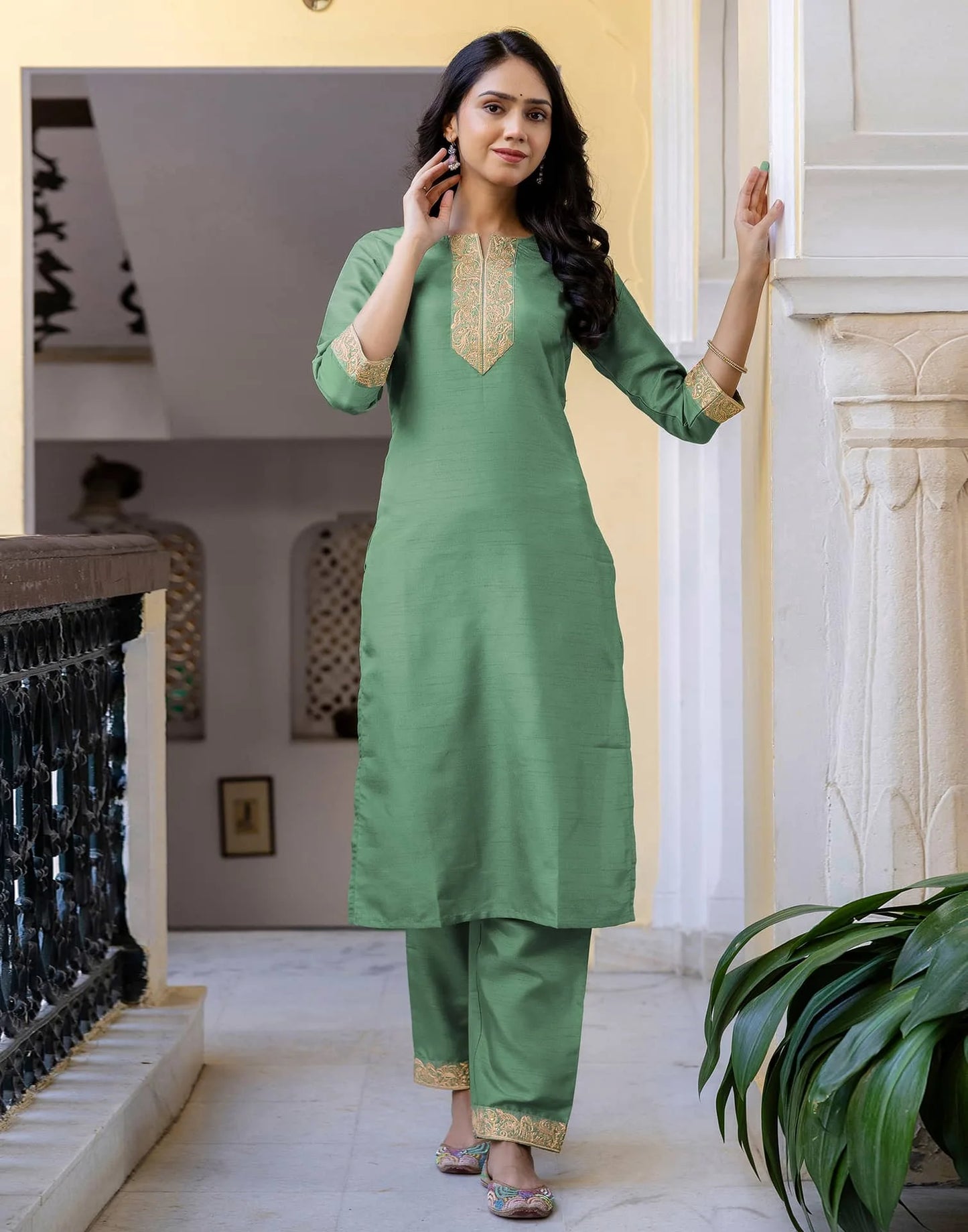 Skylee Green Silk Embroidered Straight Kurta Set for Women