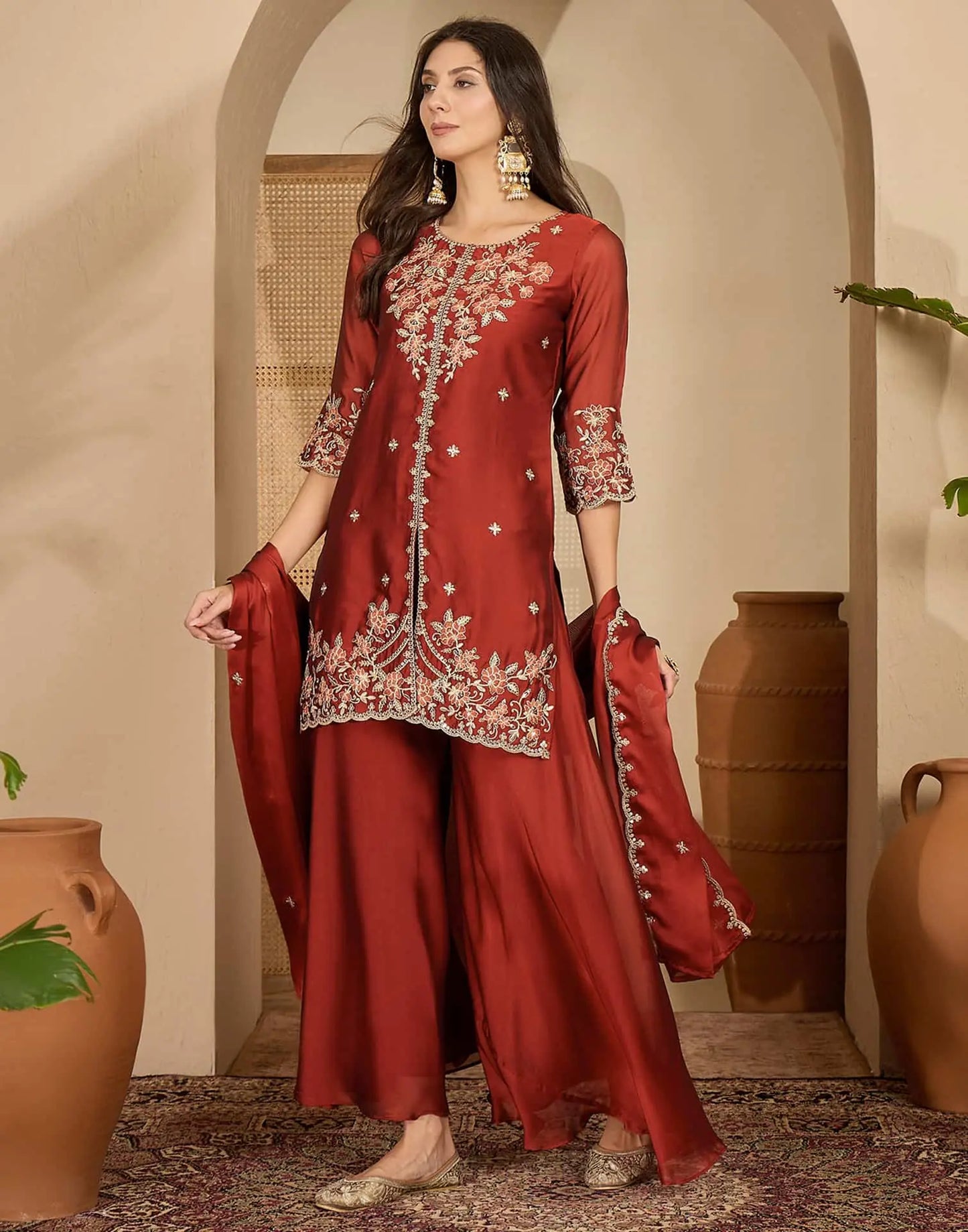 Silk Straight Embroidery Round Neck Kurta with Pant & Dupatta