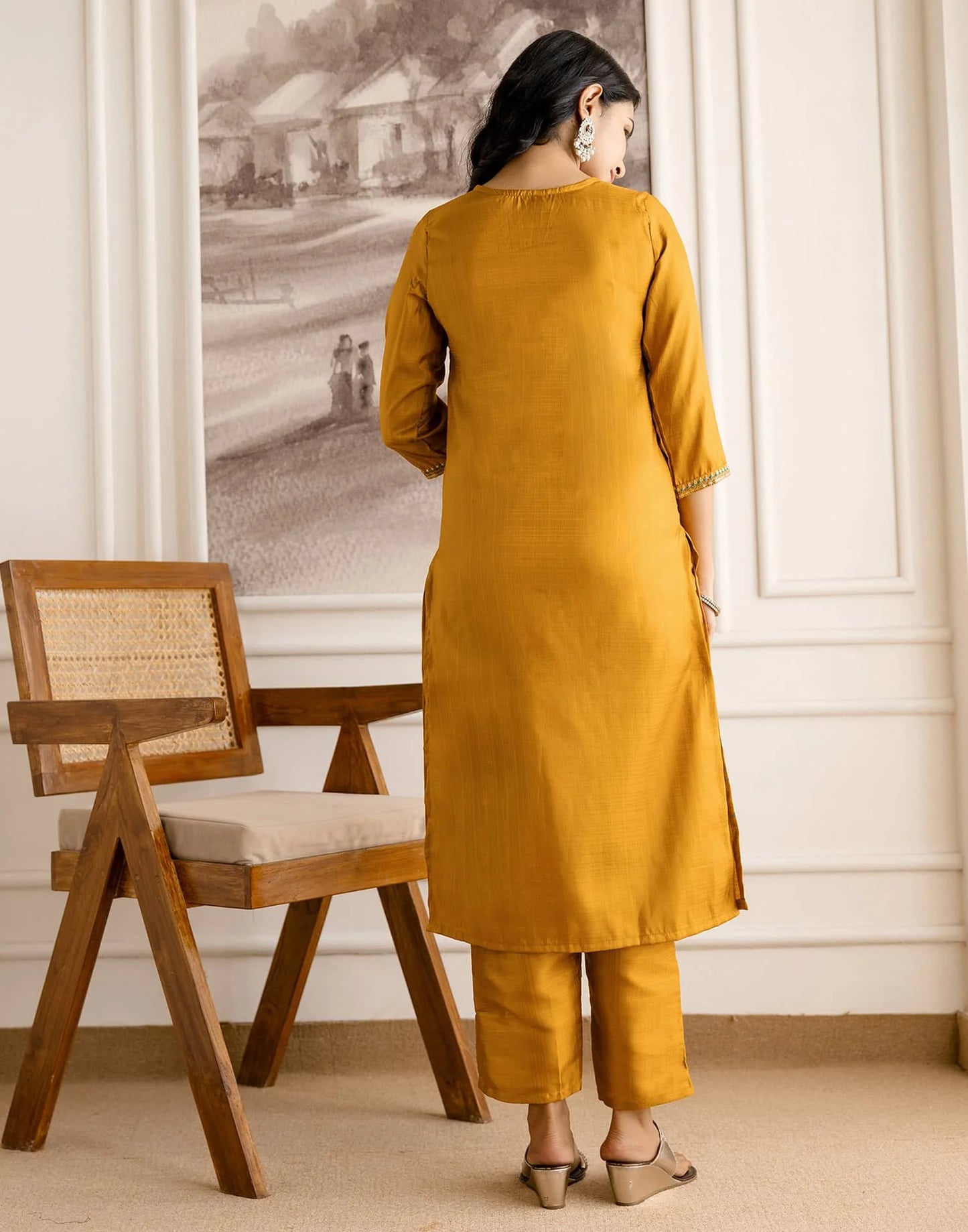 Yellow Silk Embroidered Straight Kurta Set with Pant & Dupatta. is perfect for weddings, festive occasions