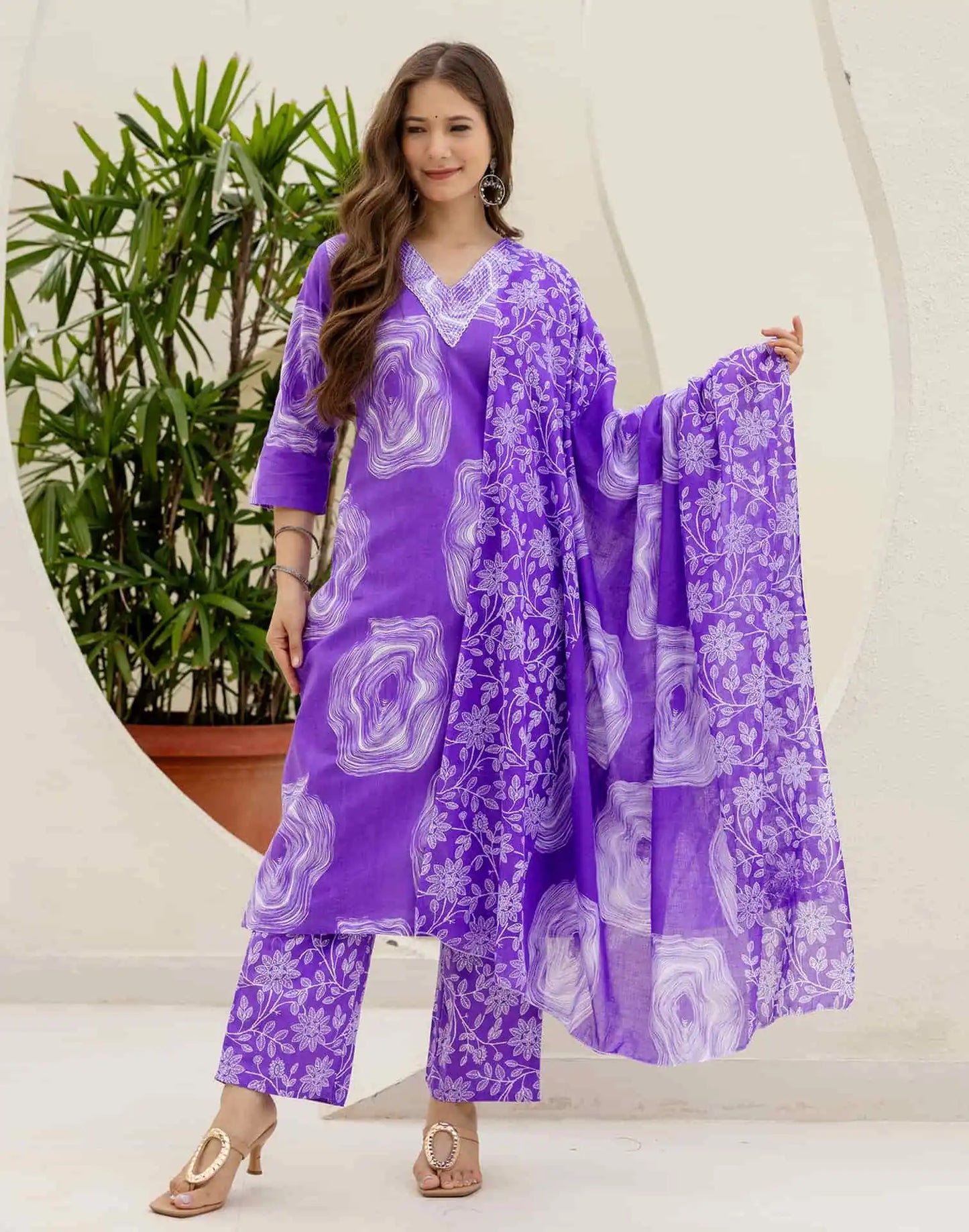 Cotton Straight Printed V-Neck Kurta with Pant & Dupatta