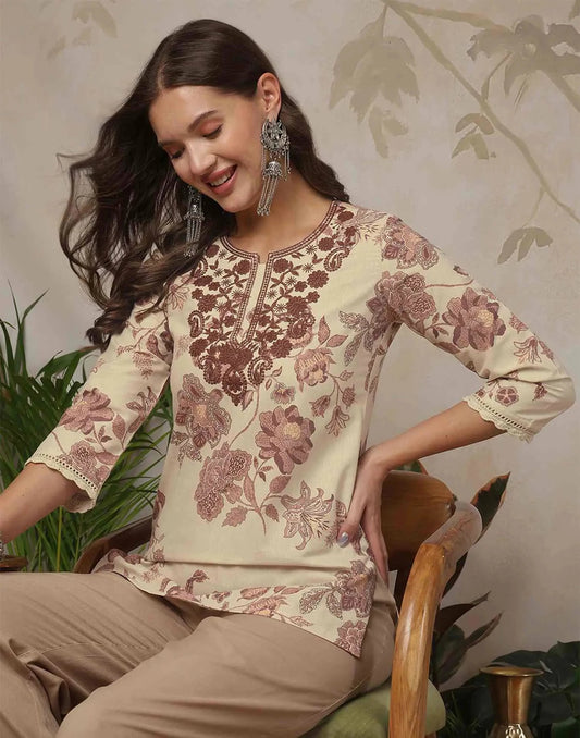 Cotton Chikankari Straight Round Neck Short Kurti