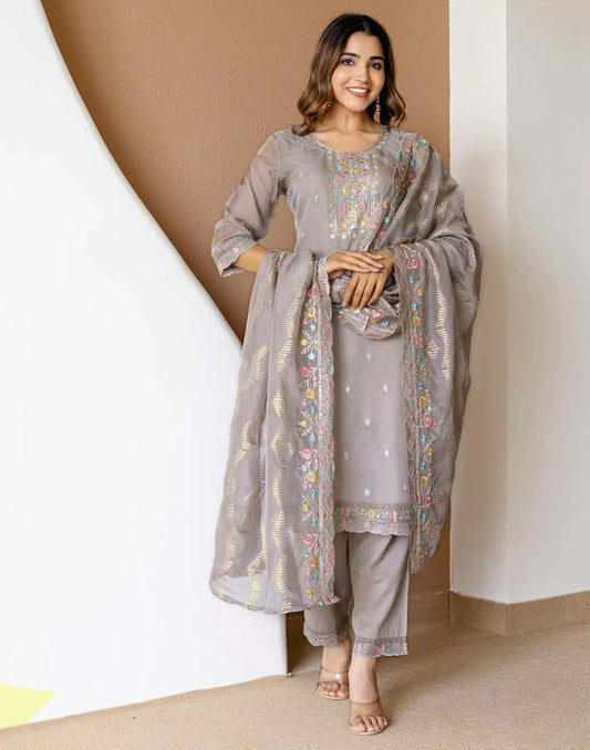 Grey Silk Embroidered Straight Kurta Set with Pant & Dupatta for Women Festive & Wedding Wear