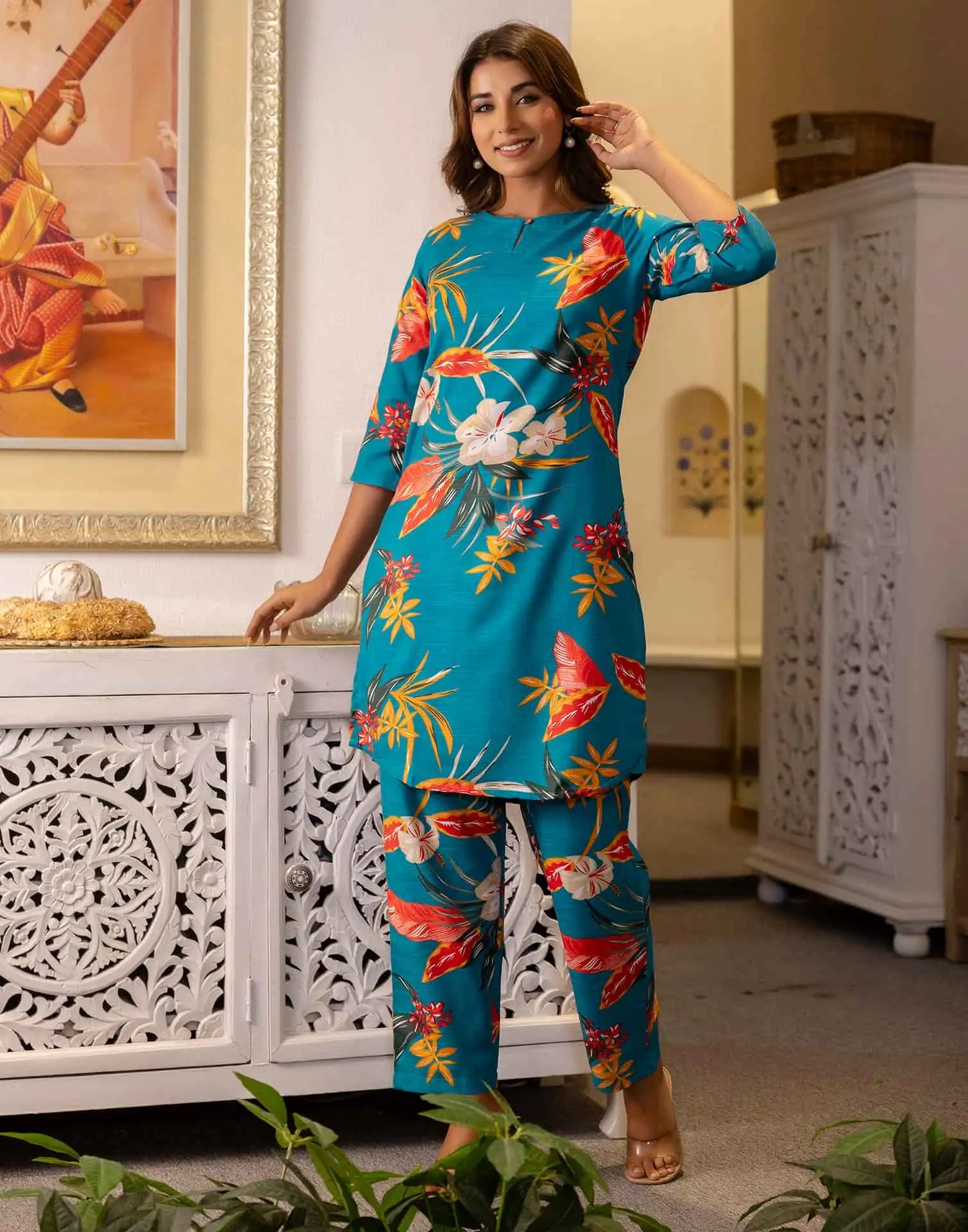 Skylee Cotton Blend Printed Round Neck Co-ord Set For Woman