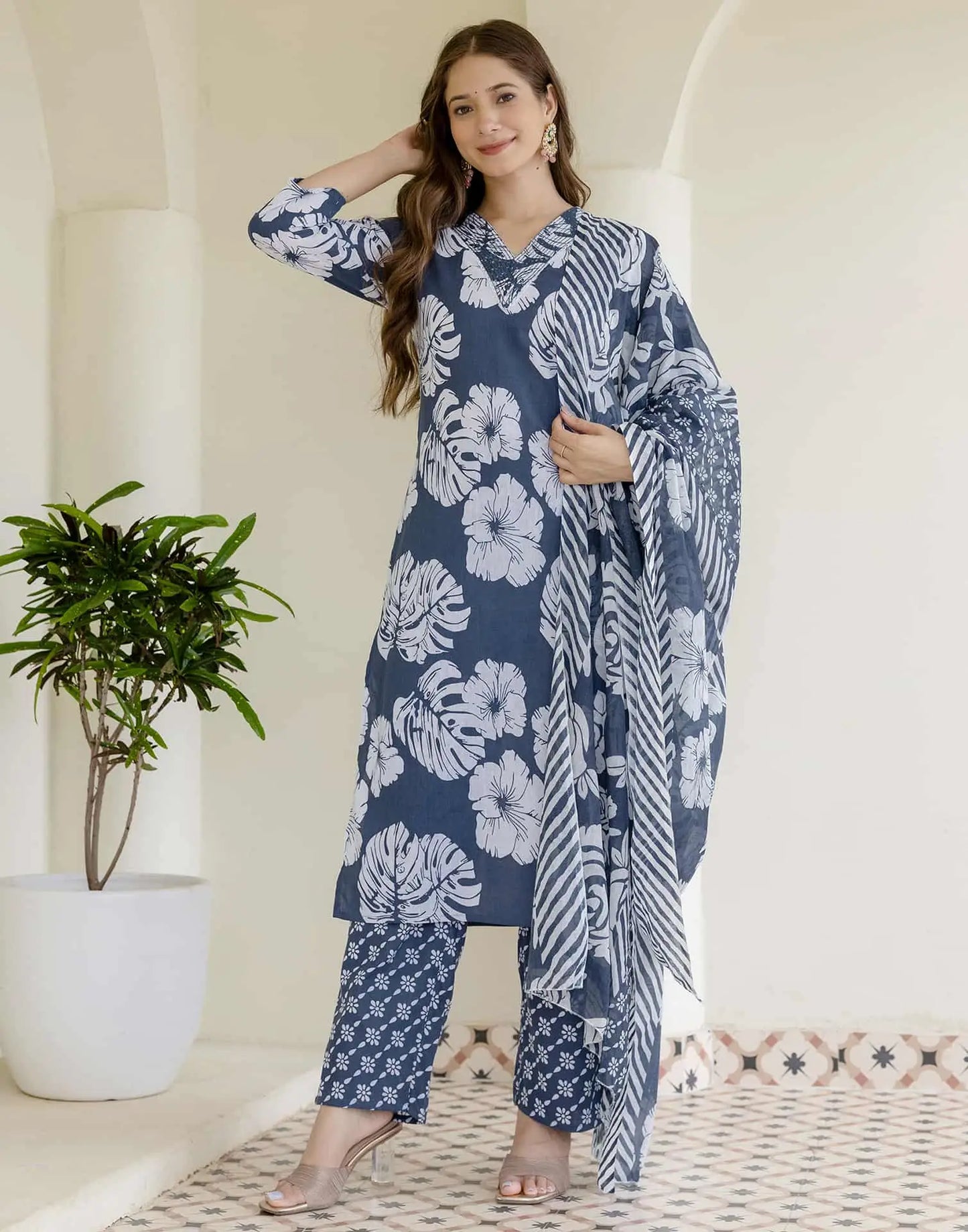 Cotton Printed Straight Kurta with Pant & Dupatta