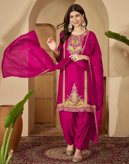 Silk Embroidered Straight Kurta with Pant & Dupatta