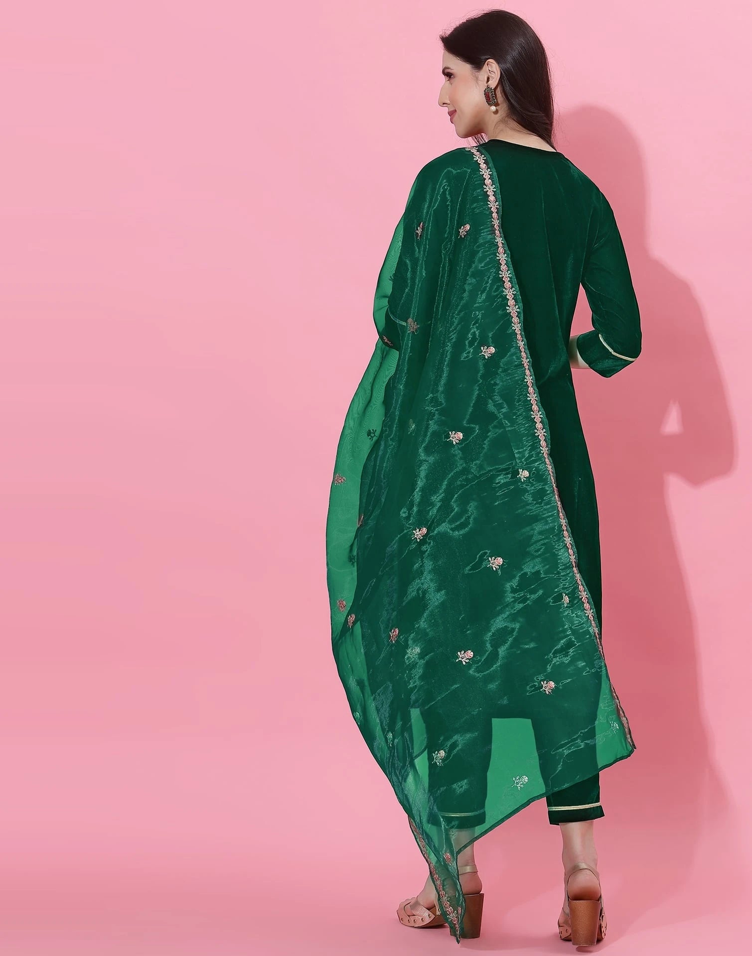 Dark Green Velvet Straight Kurta Set with Pants & Dupatta under 1000