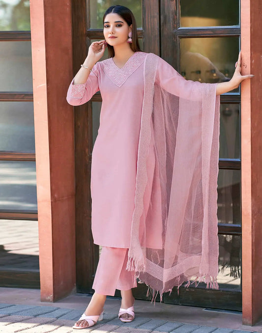 Cotton Blend Embroidery and Lace Straight Kurta with Pant & Dupatta