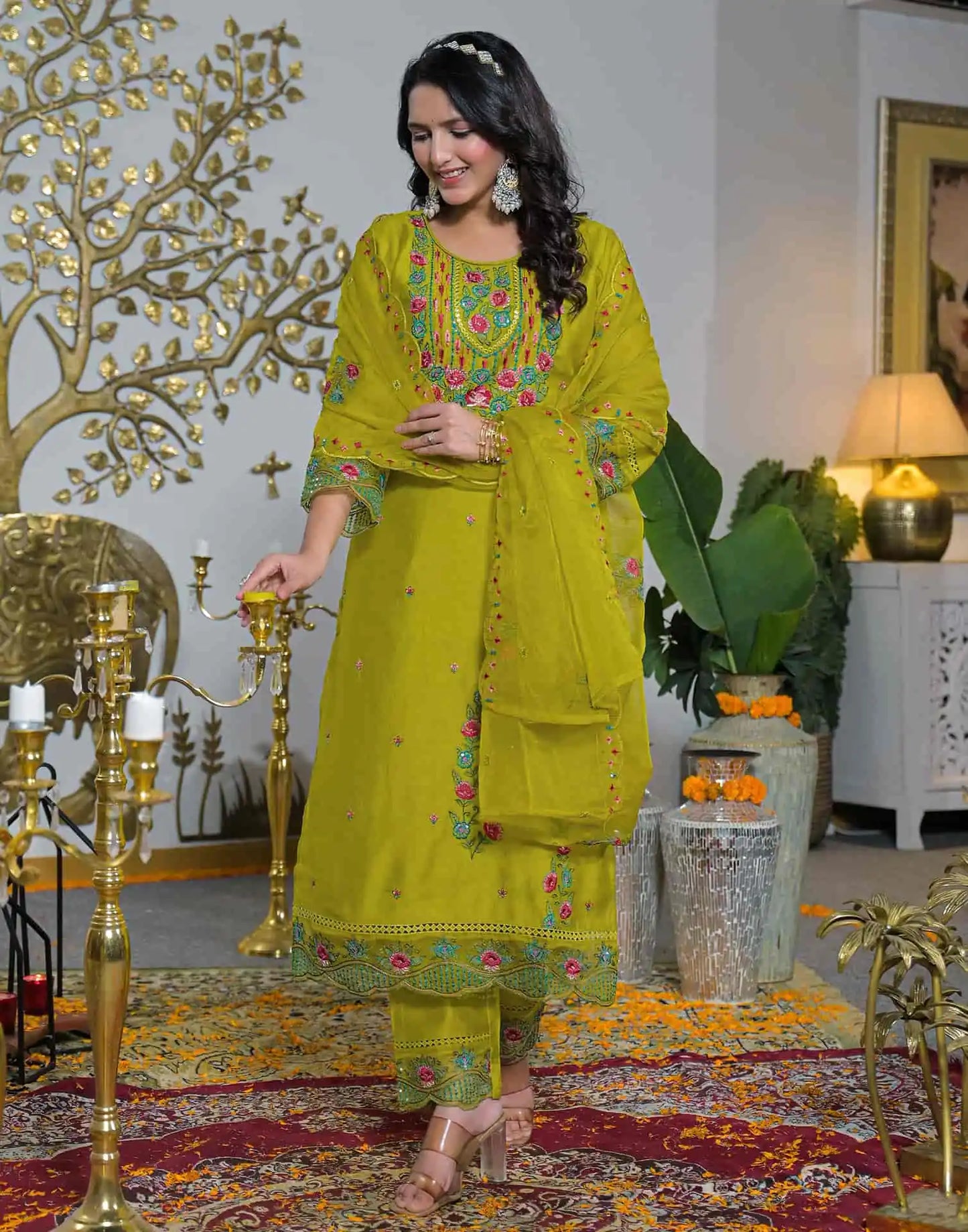 Silk Straight Embroidery Round Neck Kurta with Pant & Dupatta
