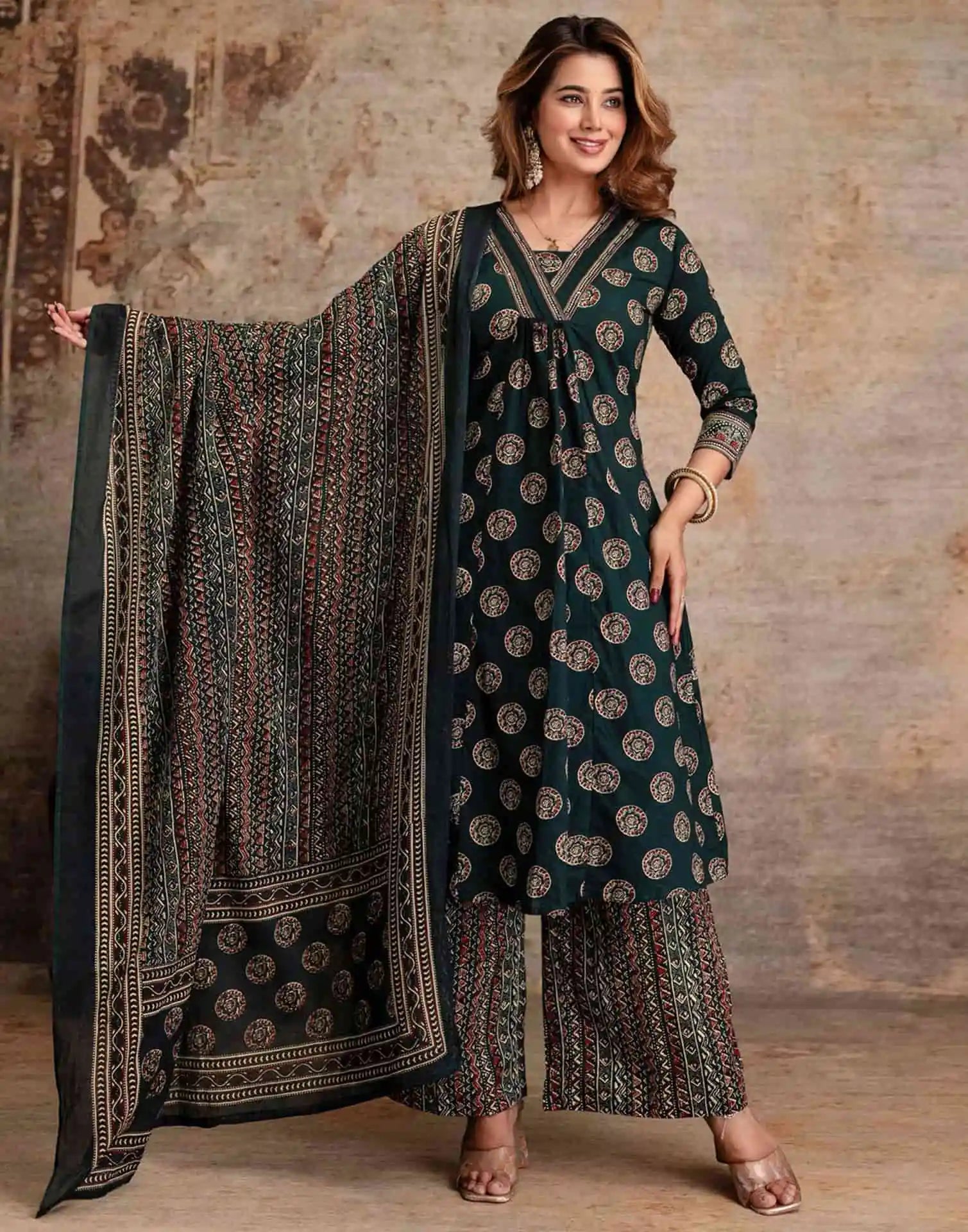 Green Cotton Printed V-Neck Kurta Set with Pant & Dupatta Affordable Ethnic Casual Wear