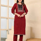 Maroon Cotton Printed Straight Kurta Set with Pant & Dupatta