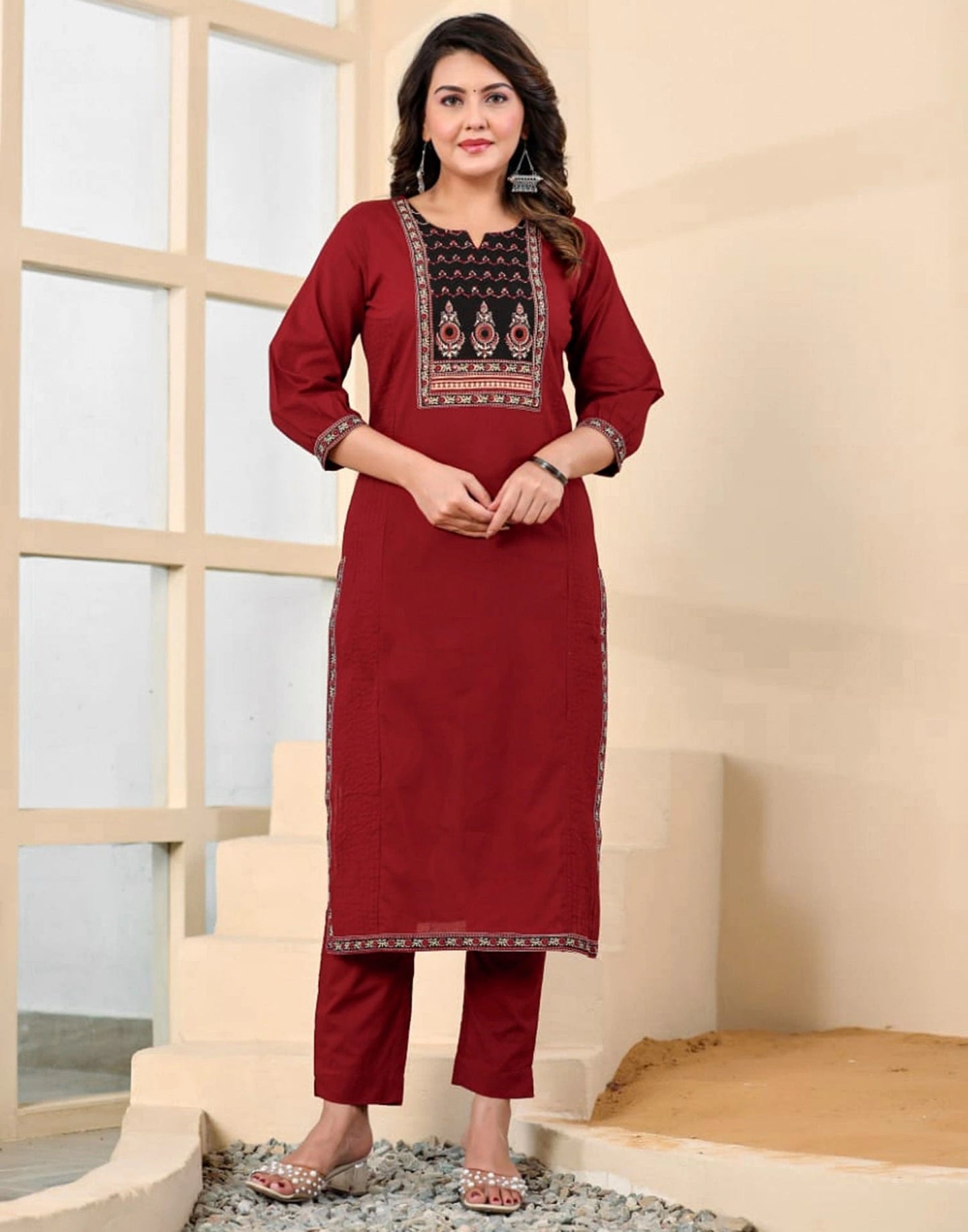Maroon Cotton Printed Straight Kurta Set with Pant & Dupatta