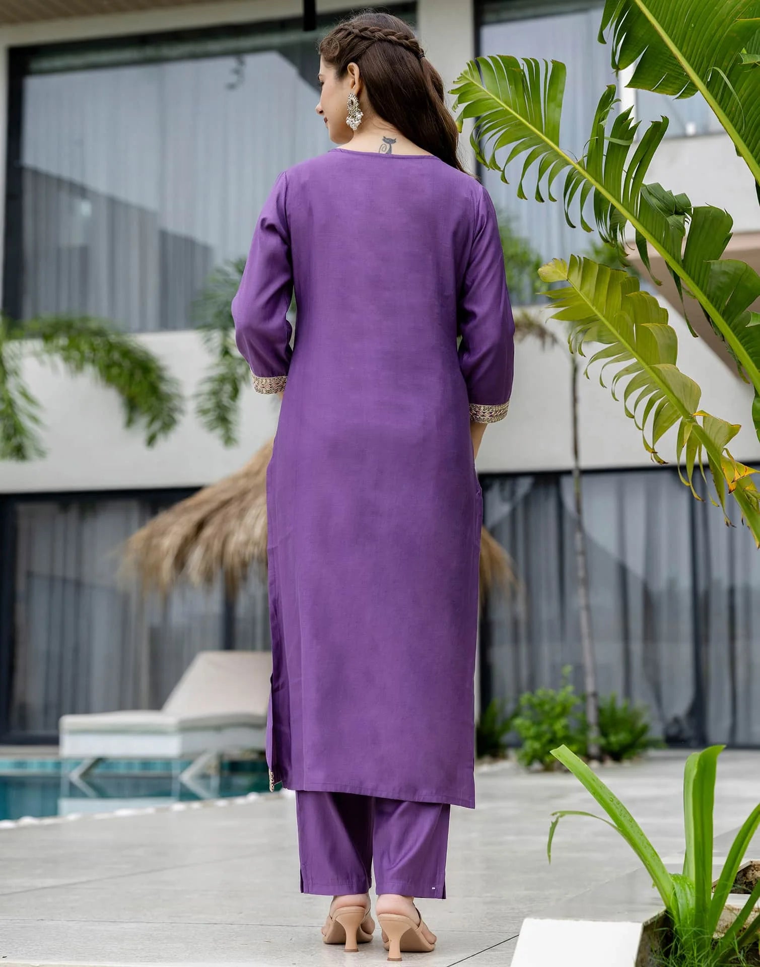 Purple Silk Embroidered Straight Kurta Set with Pant & Dupatta under 1299