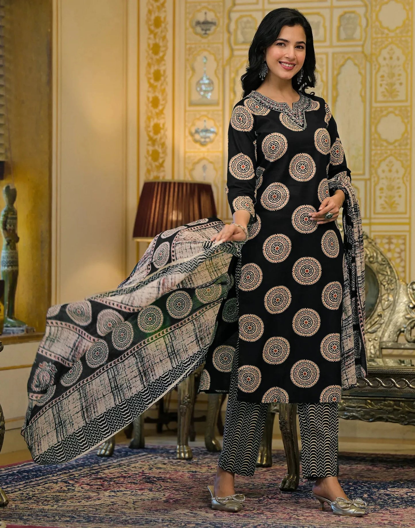 Cotton Embroidered V-Neck Straight Kurta with Pant & Dupatta