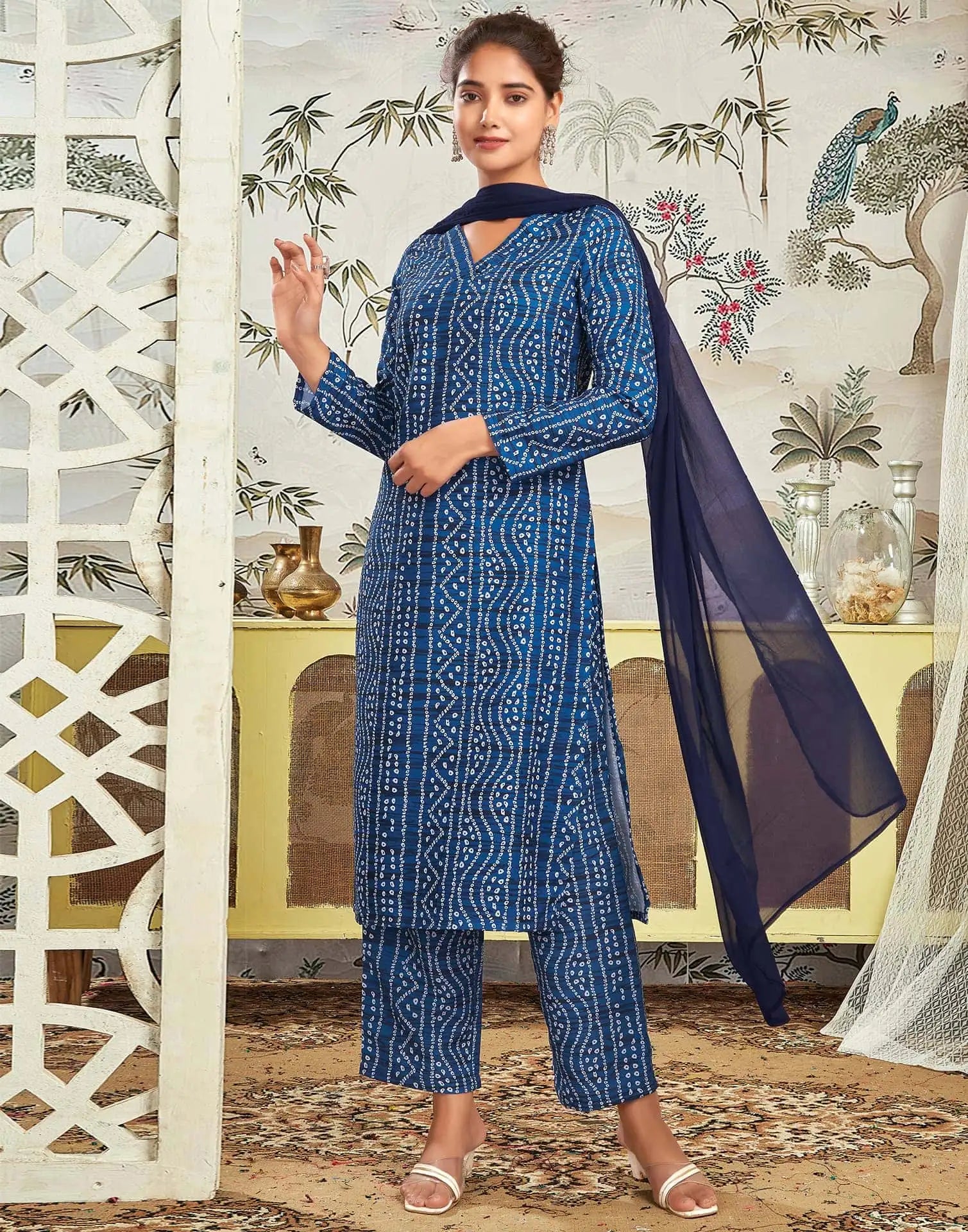 Affordable Dark Blue Bandhani Printed Rayon Kurta set with dupatta 