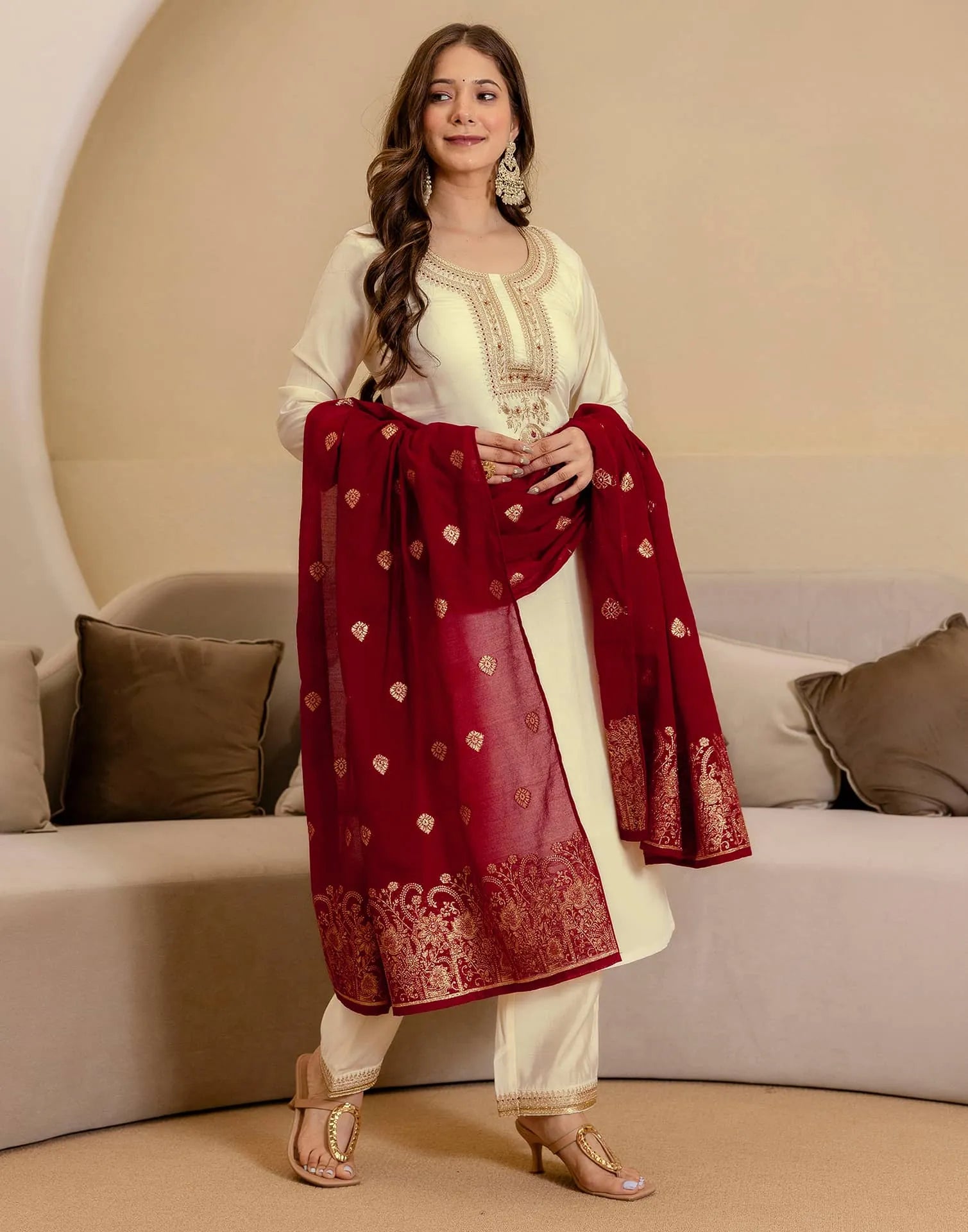 Affordable Beige Silk Embroidered Straight Kurta Set under 1299