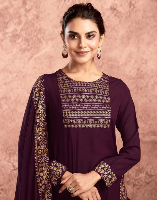 Purple Cotton Printed Straight Kurta with Pant & Dupatta  Festive Wear under 1000