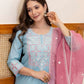 Blue Silk Blend Embroidered Straight Kurta with Pant & Dupatta