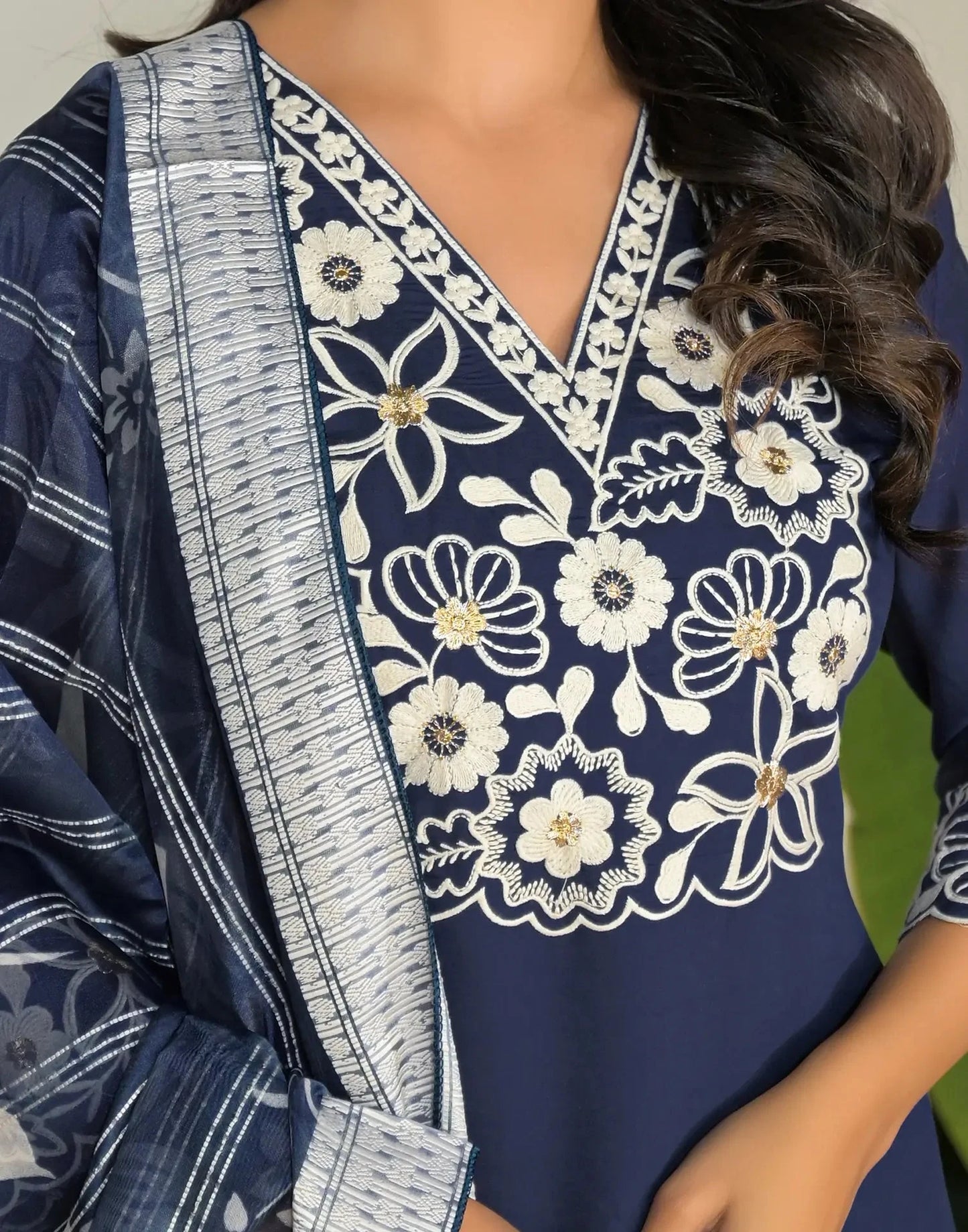 Silk Embroidered V-Neck Straight Kurta with Pant & Dupatta