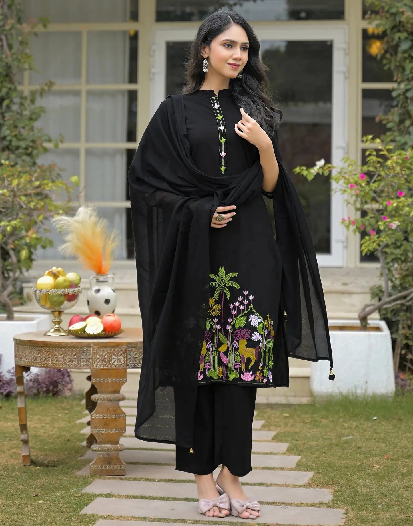 Cotton Embroidered Mandarin Collar Straight Kurta with Pant & Dupatta