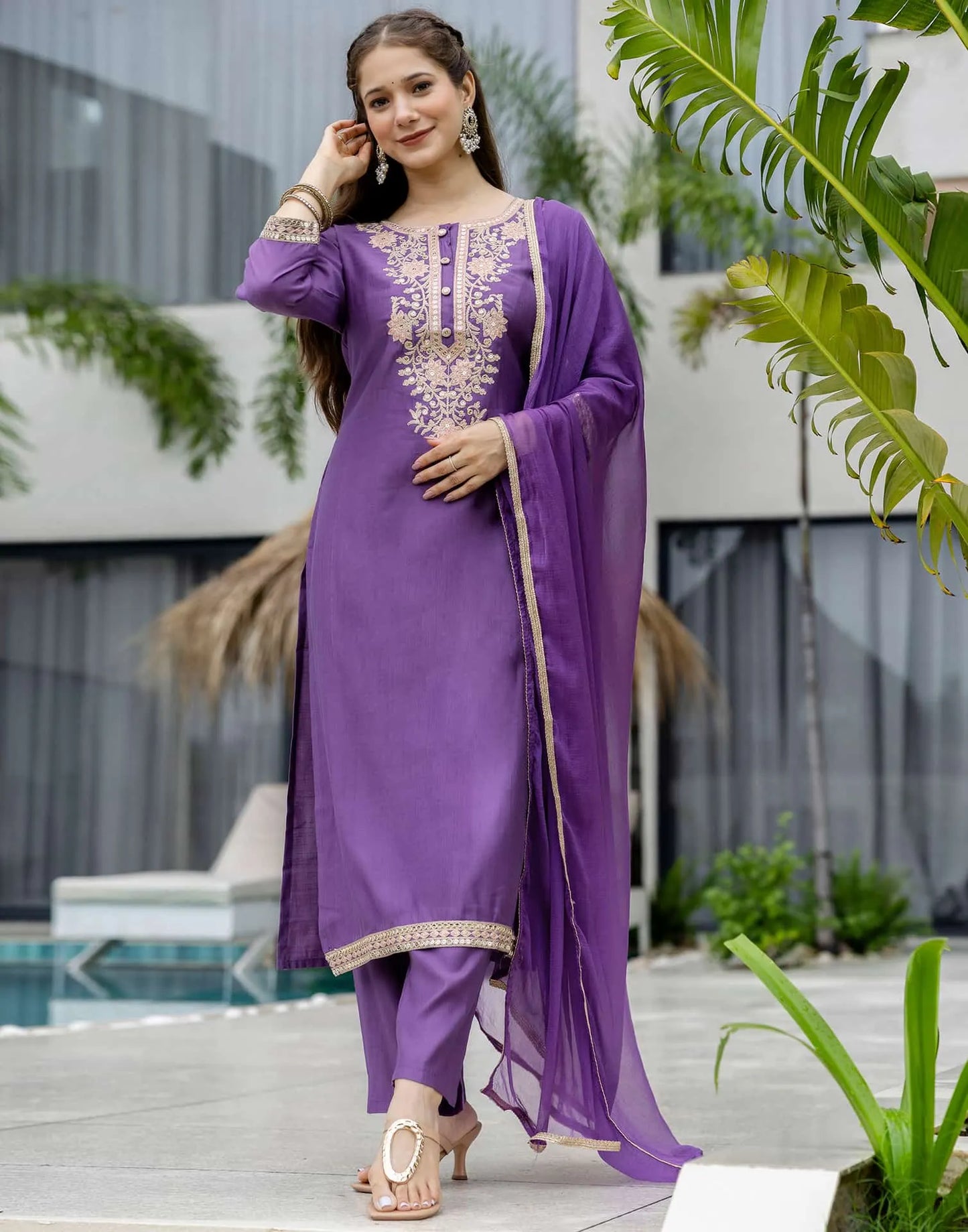 Purple Silk Embroidered Straight Kurta Set with Pant & Dupatta under 1299