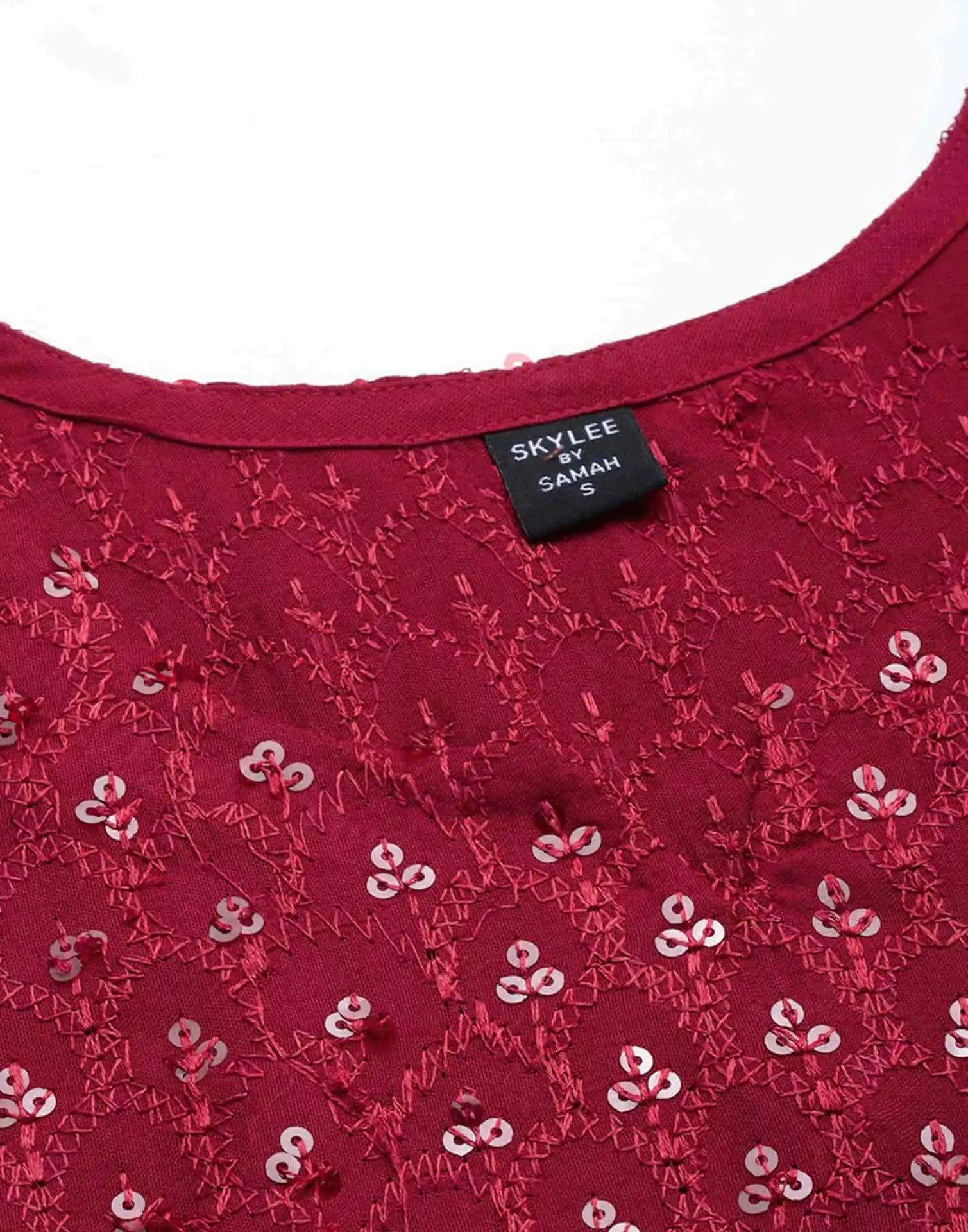 Maroon Rayon Straight Kurta Set with Sequence Embroidery under 1000