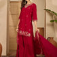Maroon Silk Embroidered Kurta Set with Dupatta Round Neck Ethnic Wear for Karwa Chauth