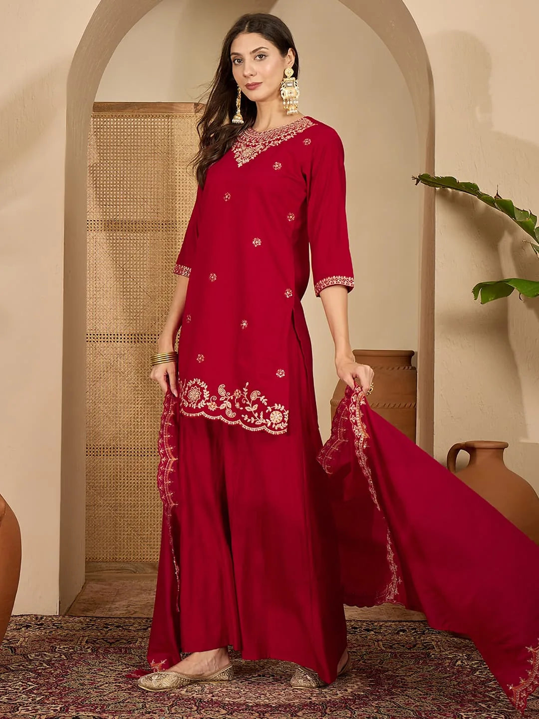 Maroon Silk Embroidered Kurta Set with Dupatta Round Neck Ethnic Wear for Karwa Chauth
