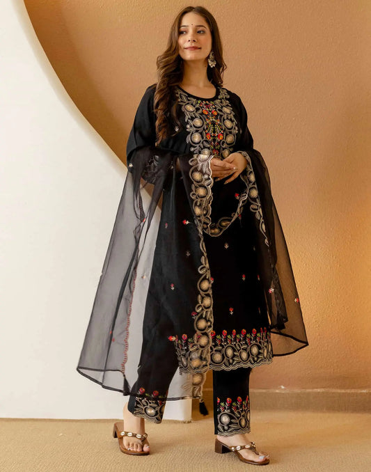 Black Silk Embroidered Straight Kurta Set with Pant & Dupatta under 1299 