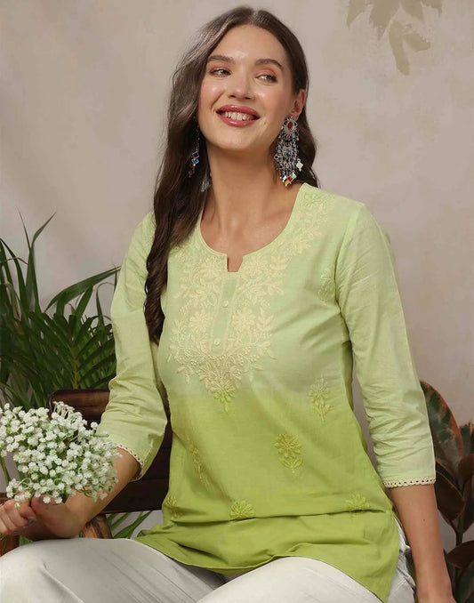 Cotton Chikankari Straight Round Neck Short Kurti
