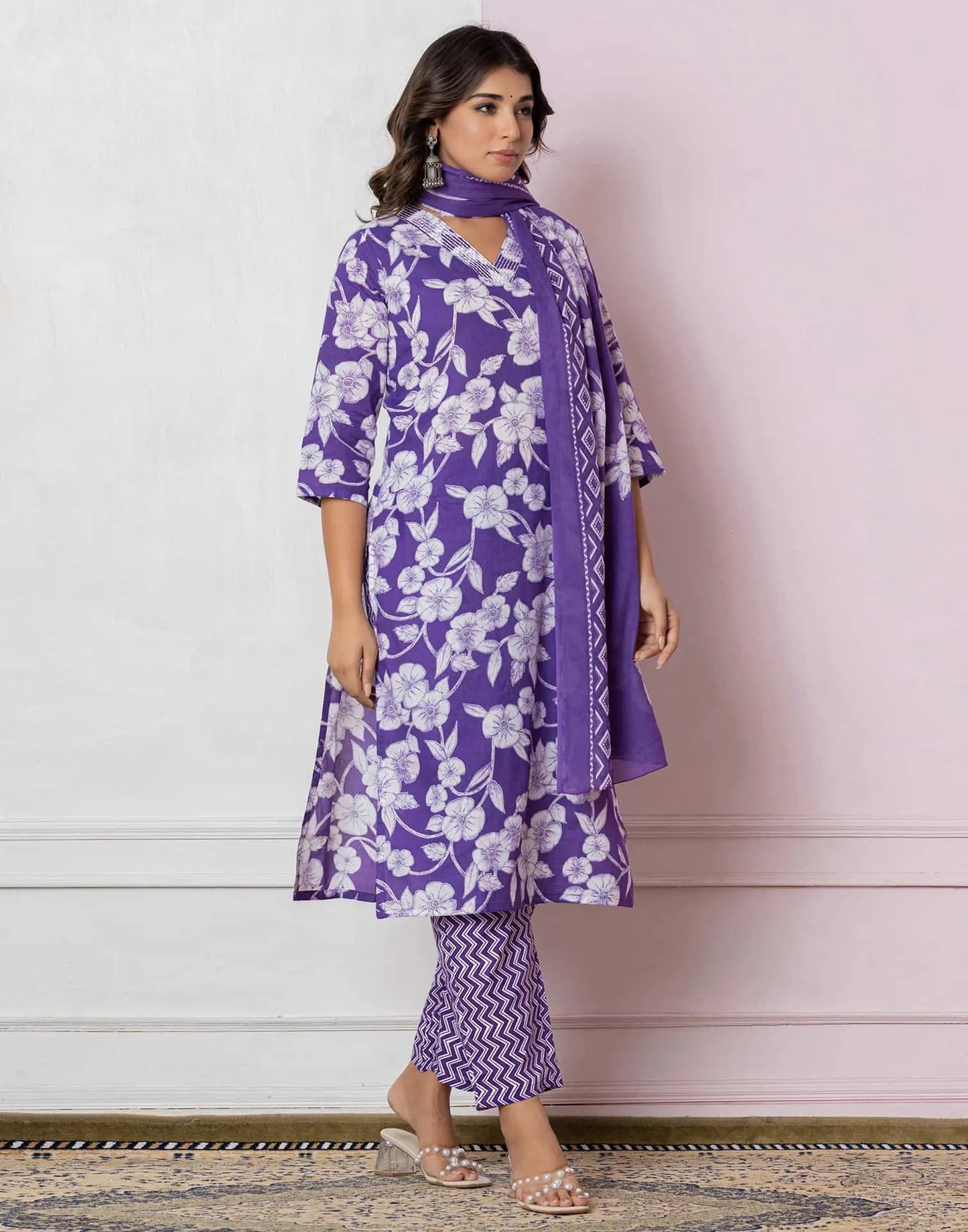 Affordable Purple Cotton Printed Straight Kurta Set under 799