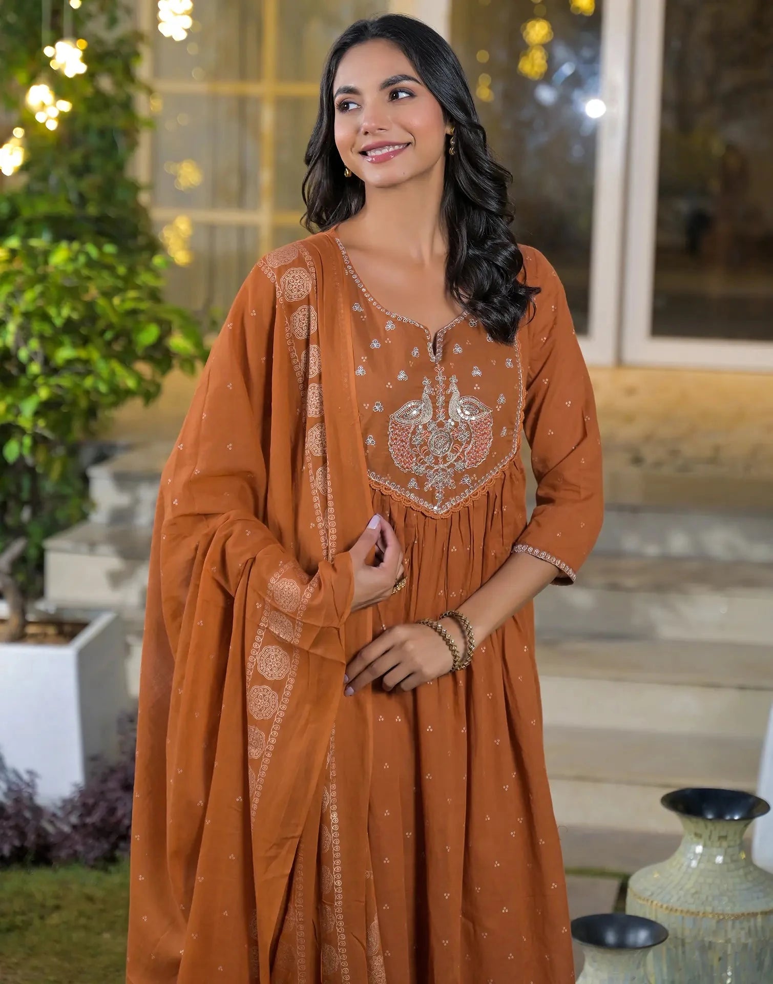 Skylee Mul Cotton Embroidered A-Line 3 Piece Kurta Set For Woman